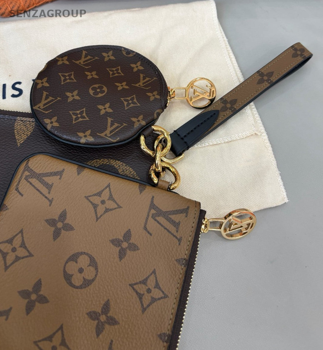 Louis Vuitton Monogram Trio Clutch Brown Gold Women Classic