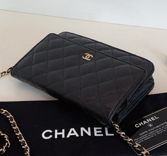 Chanel WOC Diamond Chain Shoulder Bag Crossbody Black Gold Women Classic