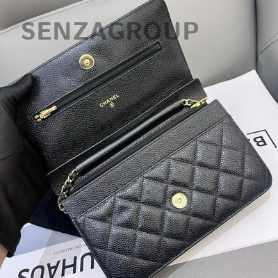 Chanel Caviar Leather Black Gold WOC Quilted Chain Crossbody Bag