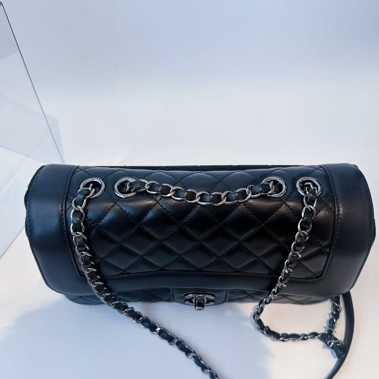 Chanel Classic Flap Calfskin Chain Shoulder Bag Black Silver Used Women Diamond
