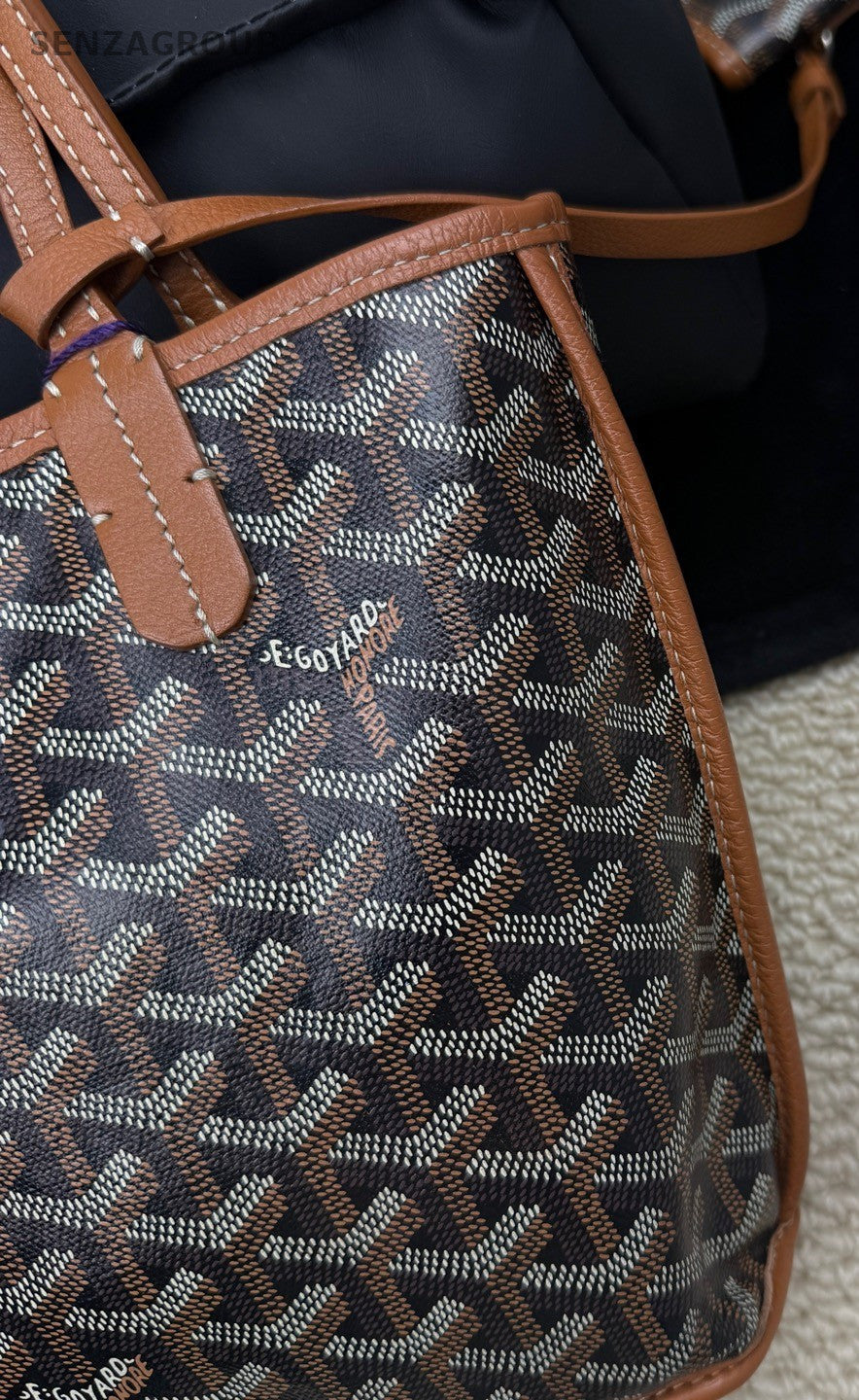 Goyard Leather Monogram Tote Top Handle Shoulder Bag with Pouch Women Brown.