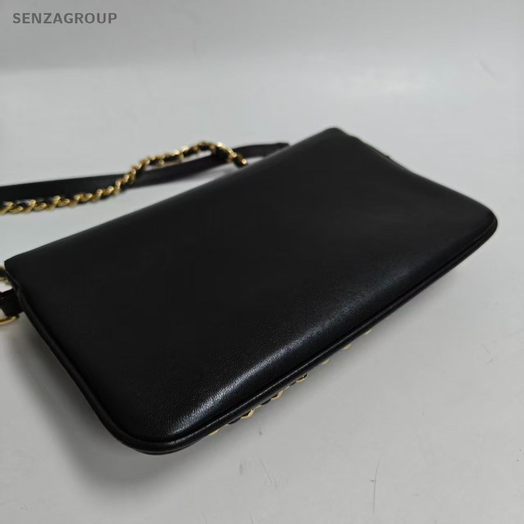 Chanel Timeless Chain Shoulder Bag Black Gold Diamond Women Classic Designer