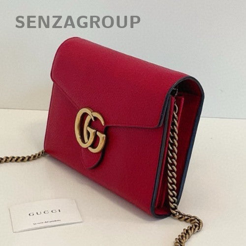Gucci Marmont GG Chain Shoulder Bag Crossbody Red Gold Women Classic