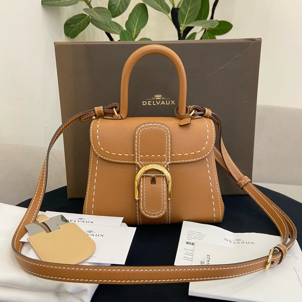 Delvaux Brilliant Mini Top Handle Bag Crossbody Brown Gold Women Classic