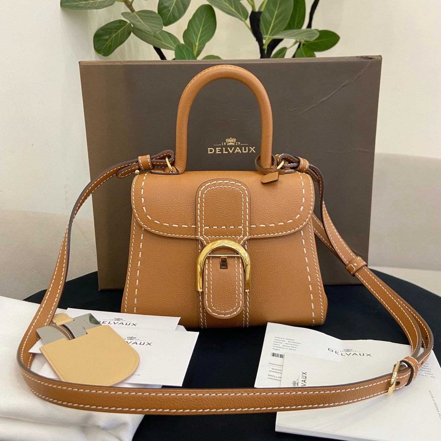 Delvaux Brilliant Mini Top Handle Bag Crossbody Brown Gold Women Classic
