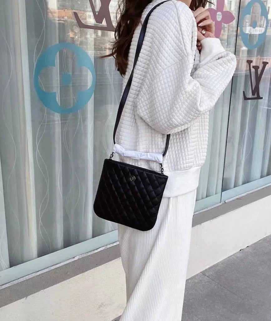 CHANEL Black Silver Leather Messenger Bag For Women