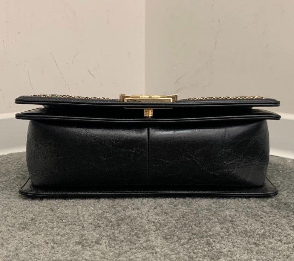Chanel Leboy MM Chevron Chain Shoulder Bag Black Gold Women Classic Fashion