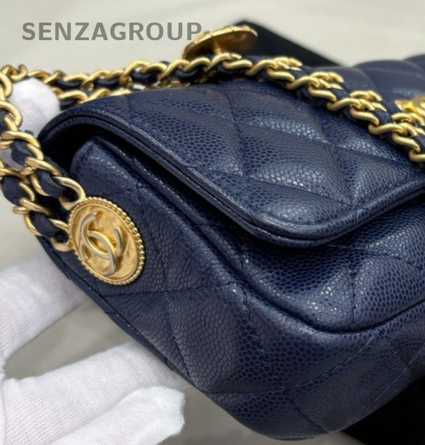 Chanel WOC Gold Coin Chain Shoulder Bag Crossbody Blue Used Women Classic