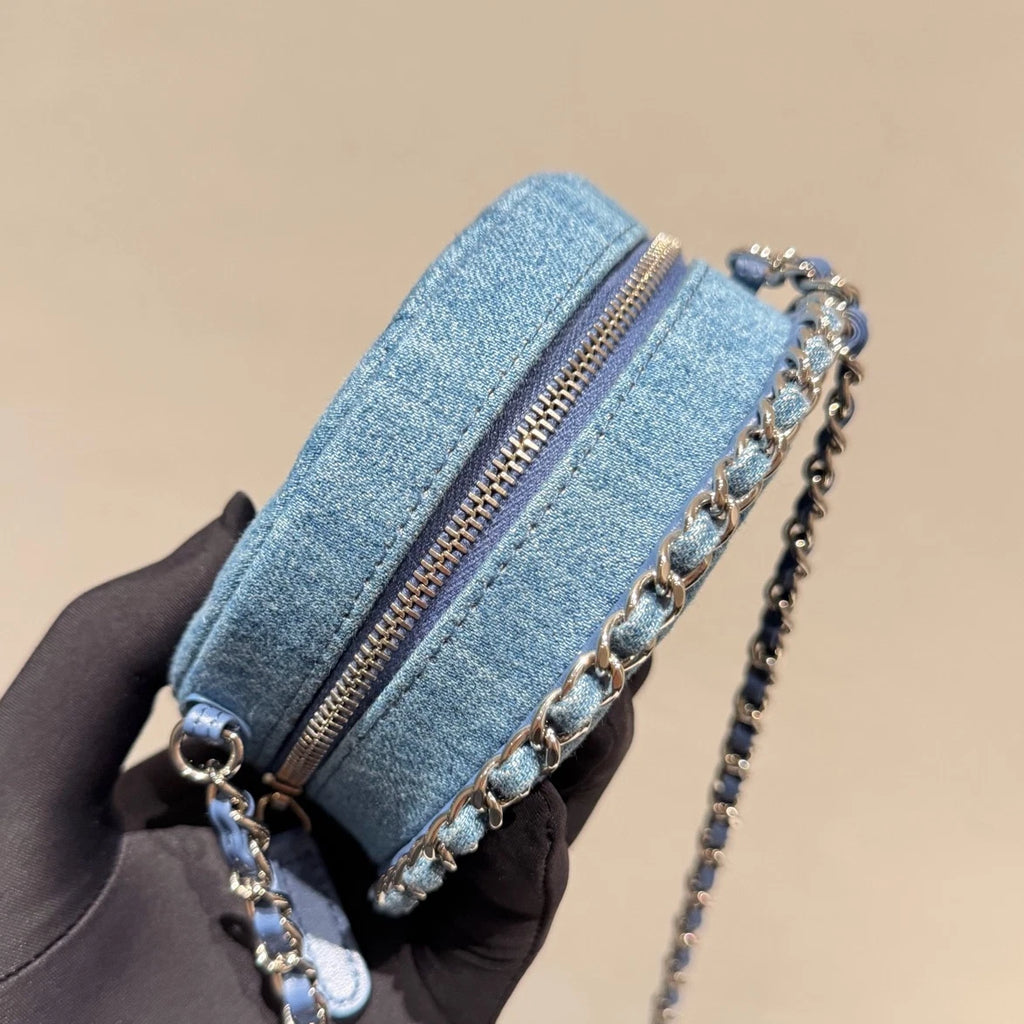 Chanel Denim Round Bag Chain Crossbody Blue Gold Diamond Women Classic