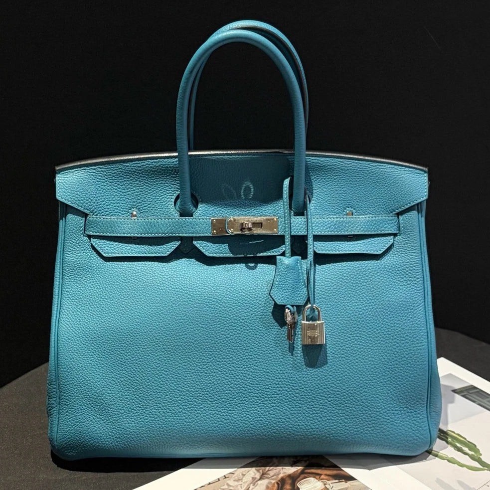 Hermes Birkin35 Togo Leather Tote Blue Handbag Silver Hardware