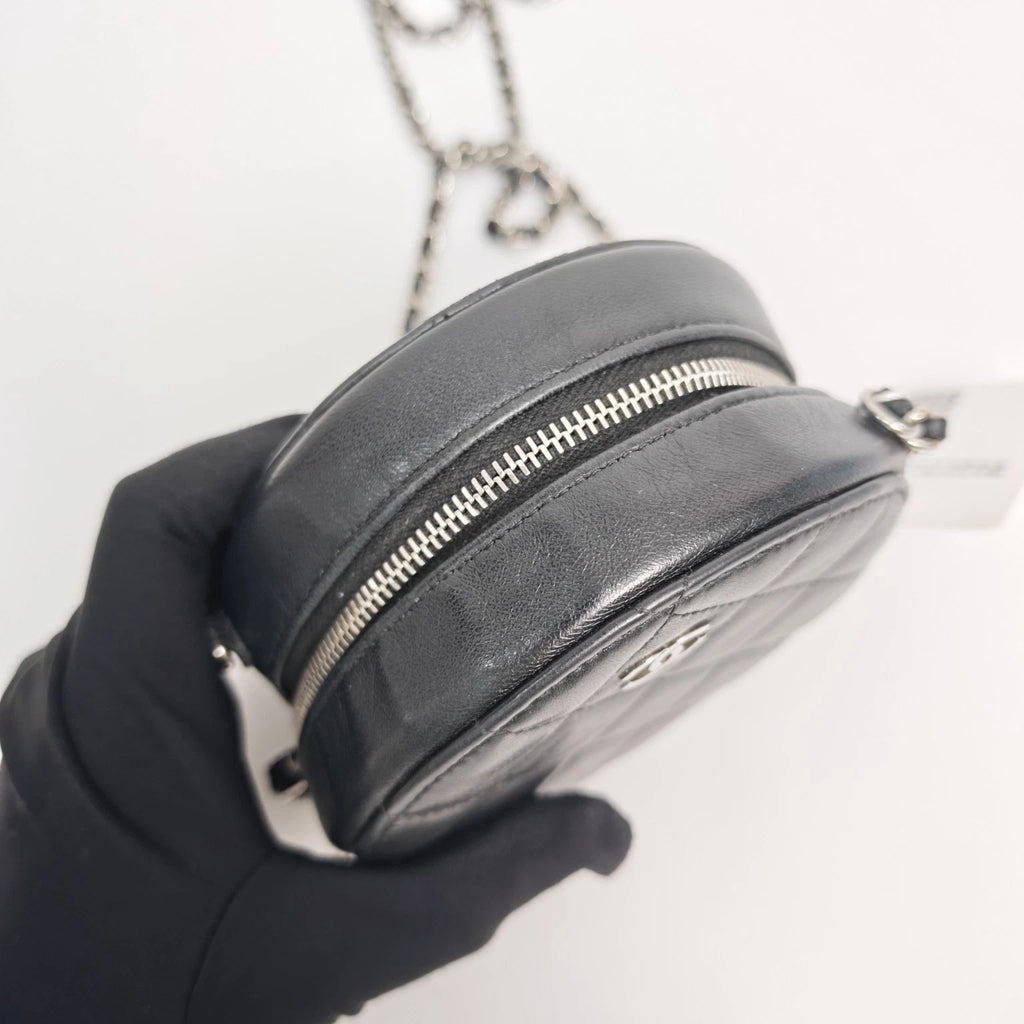 CHANEL Black Lambskin Silver Hardware Round Crossbody Bag Women