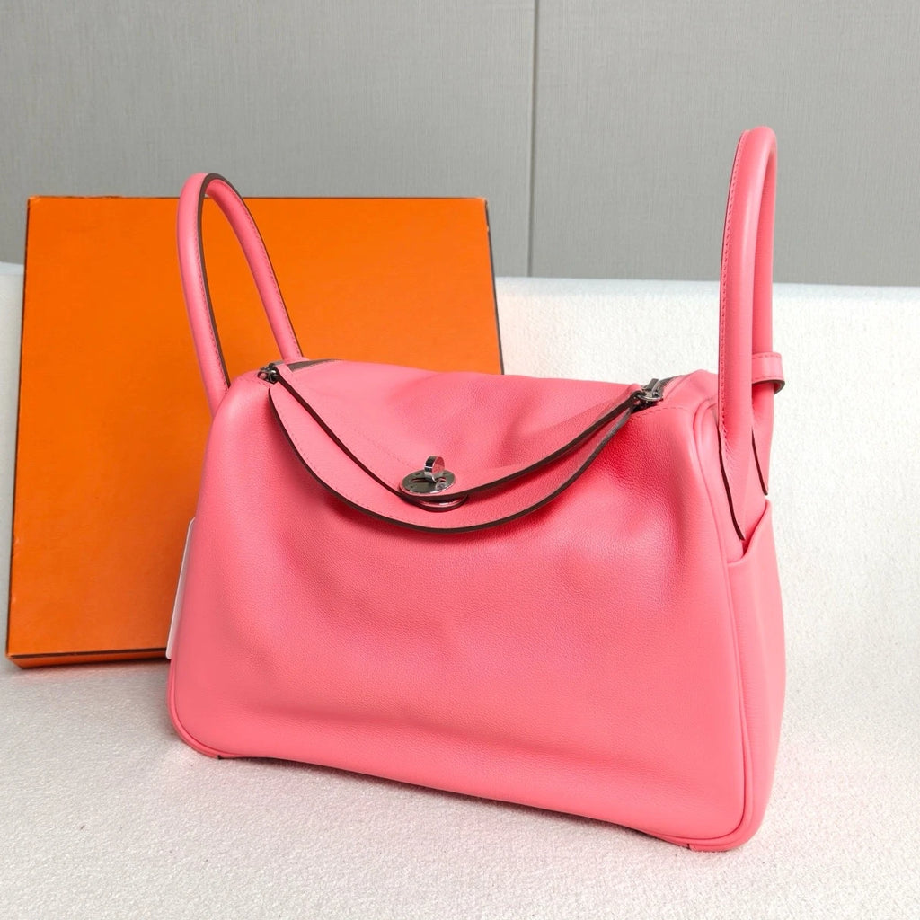 Hermes Lindy30 TC Leather Top Handle Shoulder Bag Pink Silver Women Classic