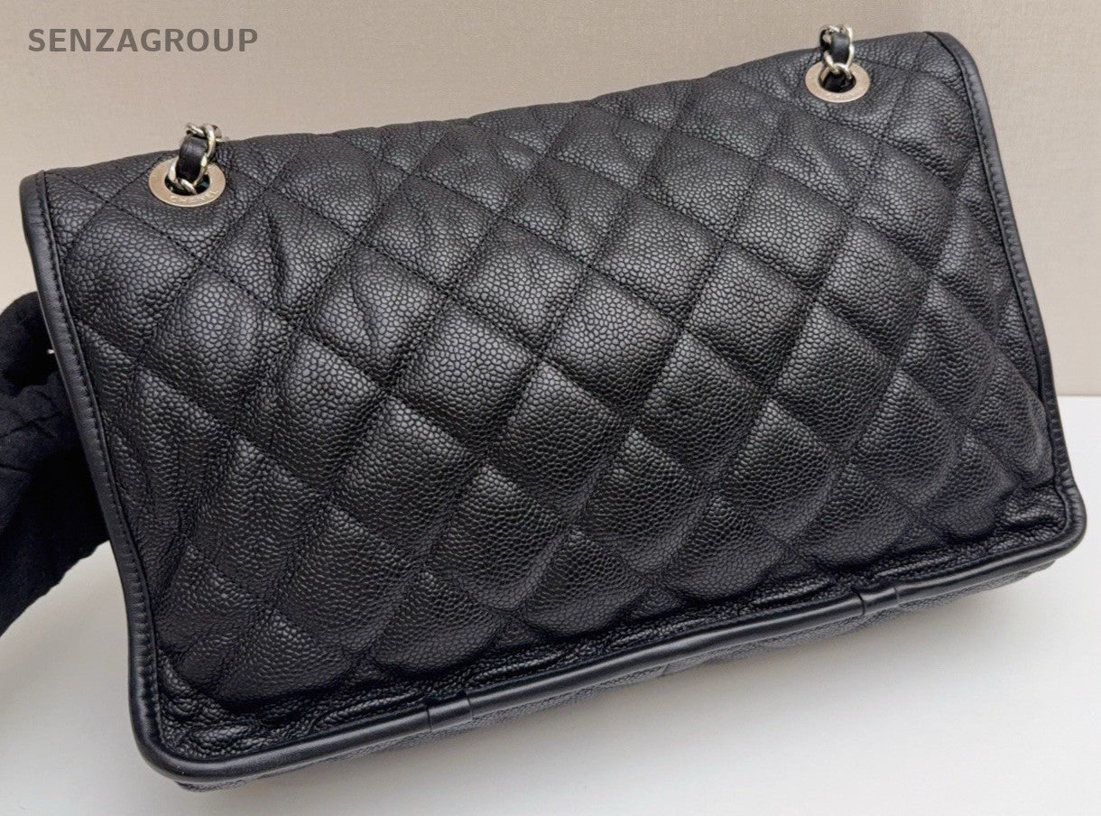 Chanel Classic Flap Calfskin Chain Shoulder Bag Black Silver Women Diamond