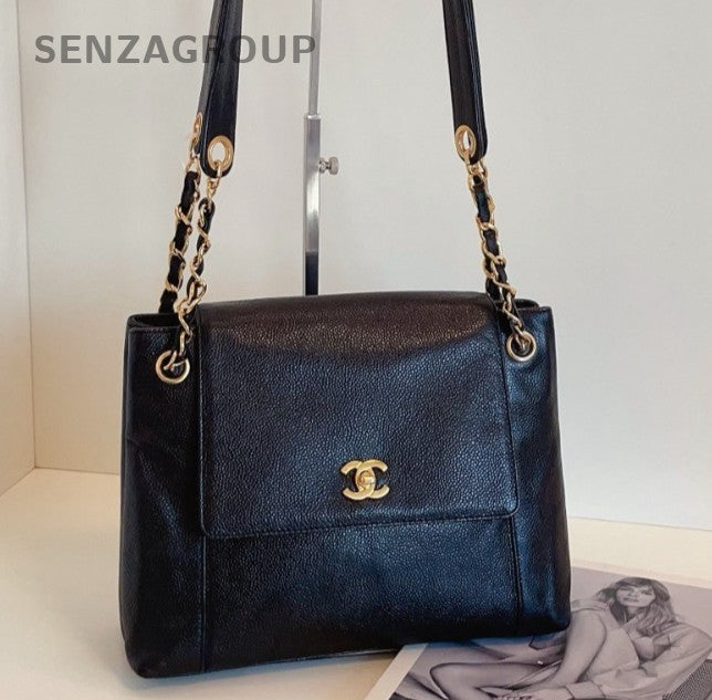Chanel Chain 2Way Shoulder Bag Crossbody Black Gold Used Women Classic Fashion
