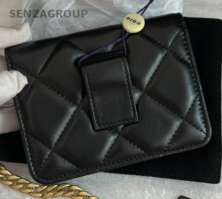 CHANEL 22P Enamel clasp Pocket mini Diamond pattern Chain Strap Black Gold