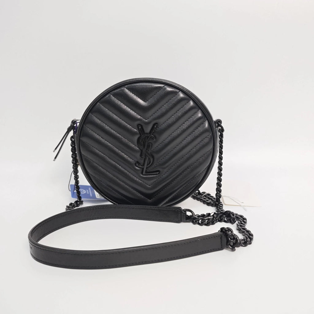 YSL Black Quilted Caviar Round Chain Crossbody Bag For Women