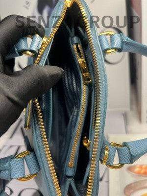 Prada Blue Gold Hardware Saffiano Lux Tote Shoulder Bag Classic Women