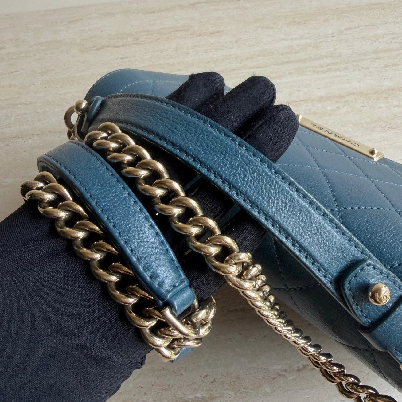 Chanel Diamond Calfskin Leather 2Way Handbag Crossbody Navy Gold Hardware