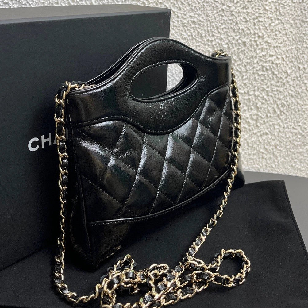 Chanel 31Bag Nano Chain Top Handle Crossbody Black Gold Diamond Women Classic