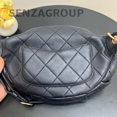 Chanel Vintage Quilted Chain Waist Bag Black Gold Classic Women's