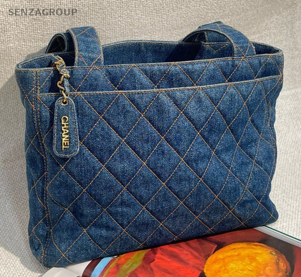 Chanel Denim Tote Shoulder Bag Blue Gold Used Women Classic Diamond