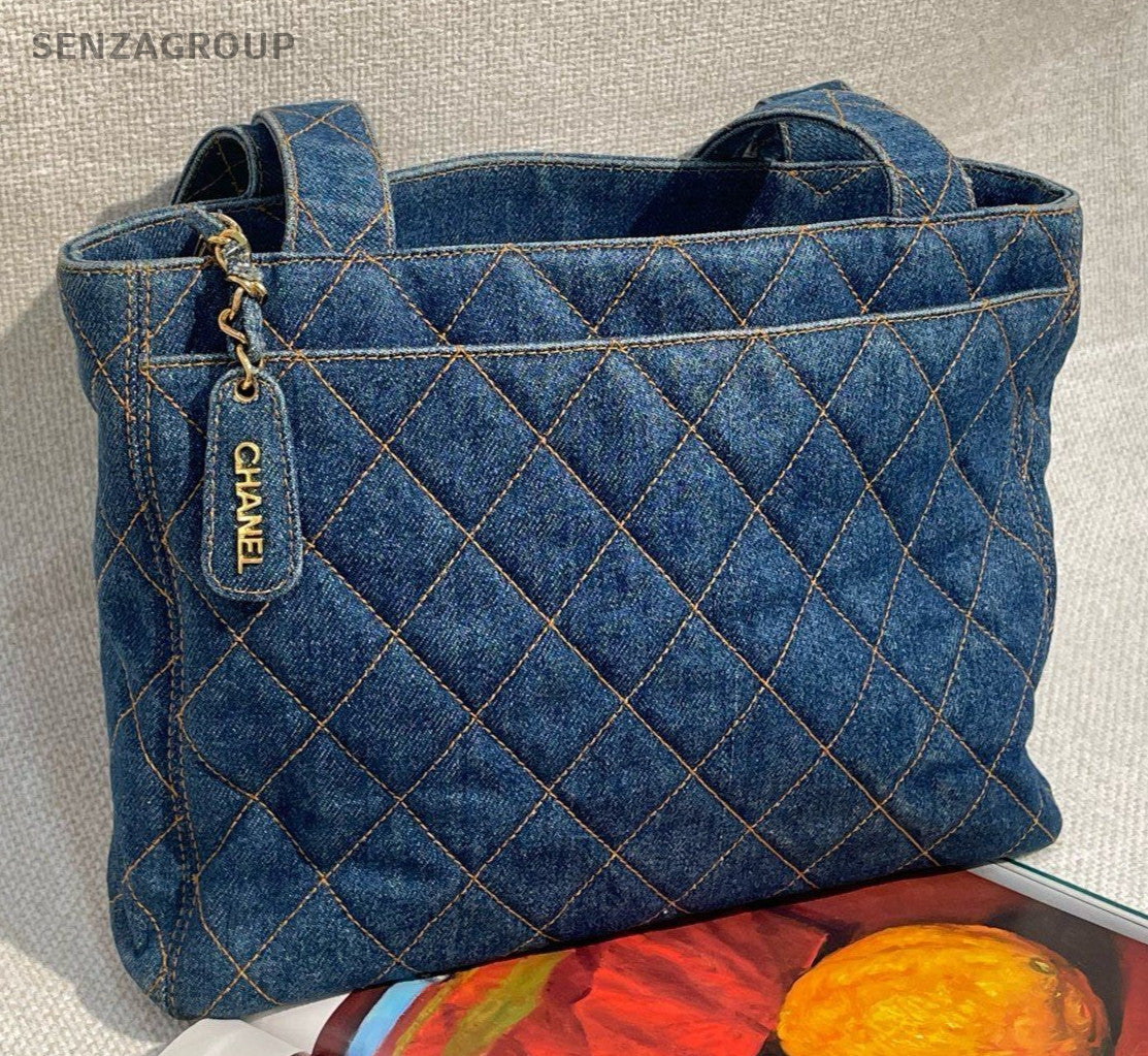 Chanel Denim Tote Shoulder Bag Blue Gold Used Women Classic Diamond