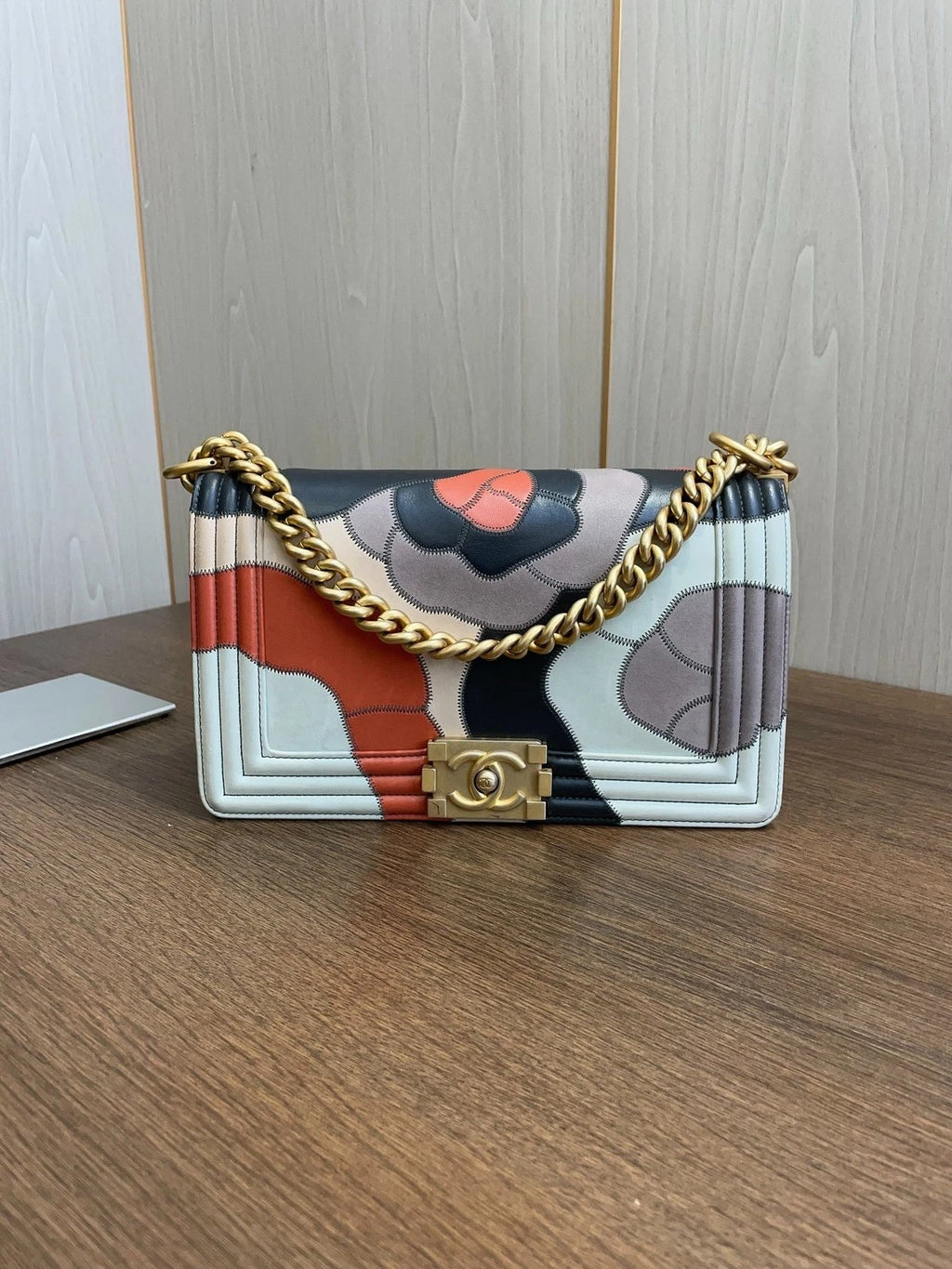 CHANEL Le Boy Medium Flap Bag Shoulder Crossbody Multicolor Camellia Limited