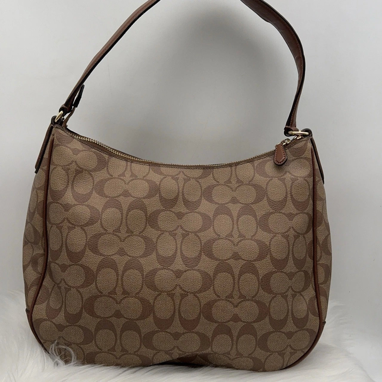 Coach Beige Monogram Canvas Shoulder Underarm Bag For Women