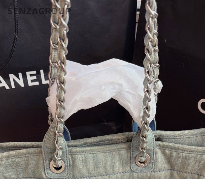 Chanel Denim Chain Beach Bag Shoulder Bag Blue Silver Women Classic Fashion