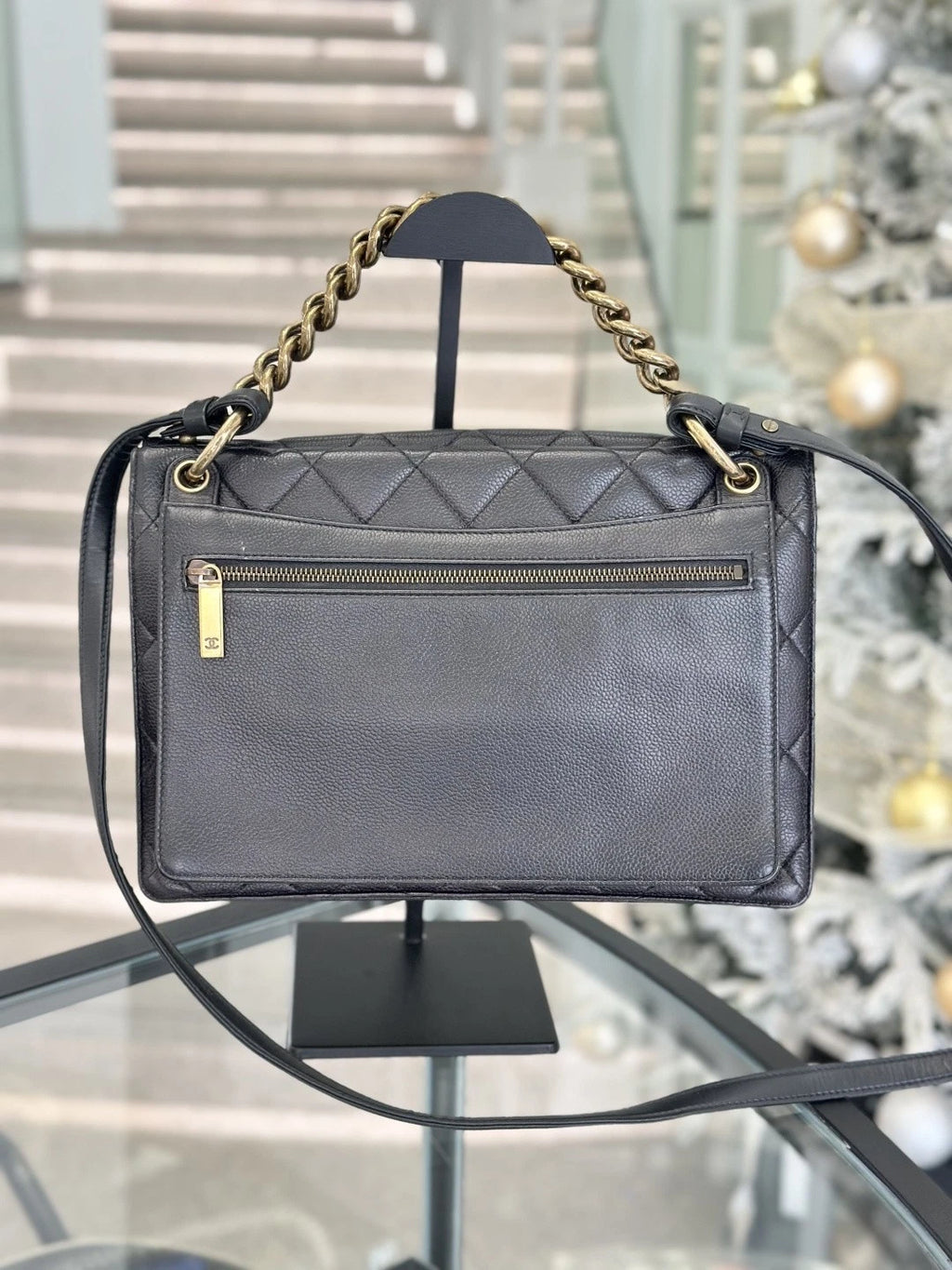Chanel Diamond Chain Calfskin Top Handle Crossbody Black Gold Women Classic S