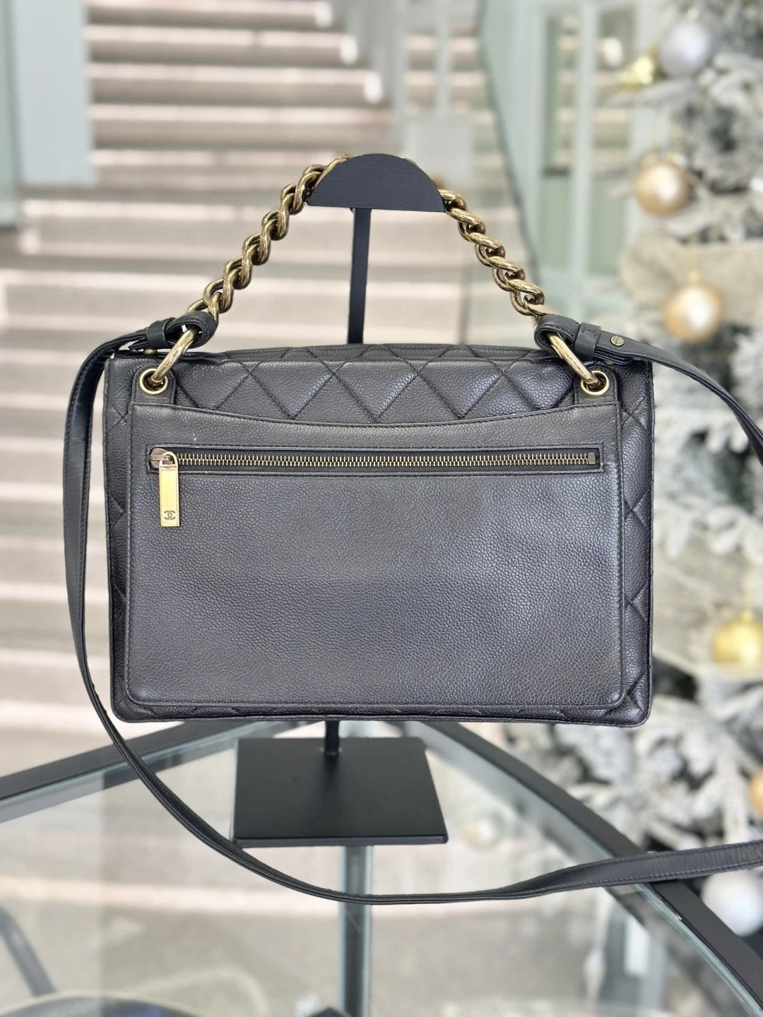Chanel Diamond Chain Calfskin Top Handle Crossbody Black Gold Women Classic S