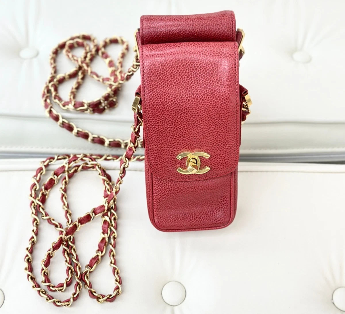 Chanel Vintage Calfskin Phone Bag Red Turn Lock Shoulder Bag Crossbody S