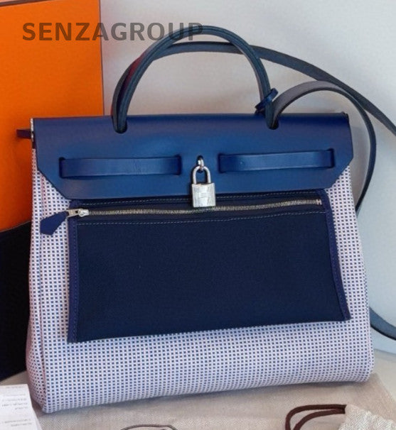 Hermes Herbag Zip31 Top Handle Bag Crossbody Blue White Silver Women Classic
