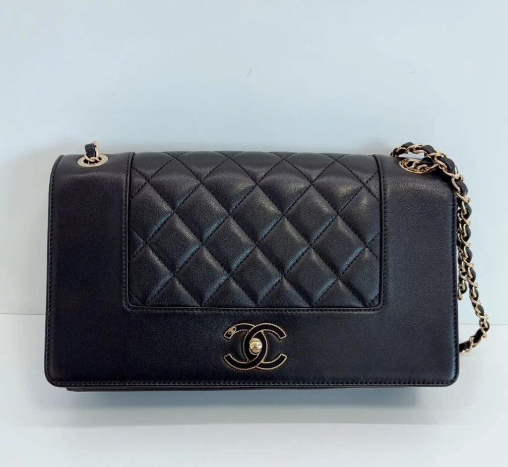 Chanel CC Logo Calfskin GM Chain Shoulder Bag Crossbody Black Gold Women Classic