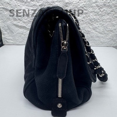 Chanel Black Silver Suede Large CF Chain Shoulder Bag for Women
