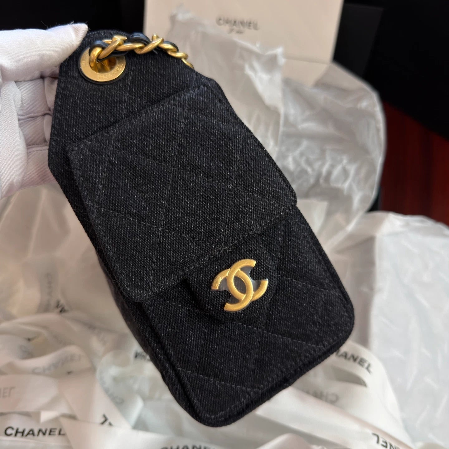 New Chanel 25Bag Mini Black Denim Gold Chain Shoulder Bag Diamond with Dust Bag