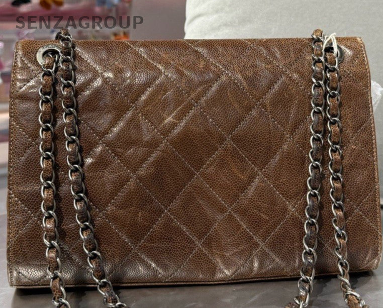 Chanel Classic Flap Calfskin PM Chain Shoulder Bag Crossbody Brown Silver Women