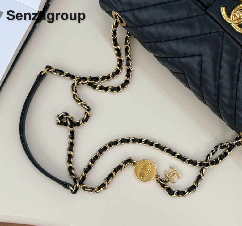 Chanel Classic Flap PM Calfskin Chain Shoulder Bag Crossbody Black Gold Women