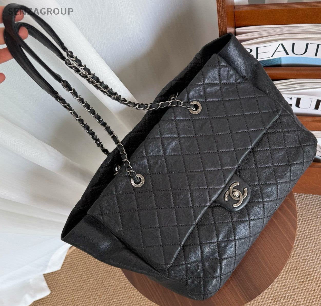 CHANEL Classic Flap Tote Calfskin Chain Shoulder bag Black Silver Women Handbag
