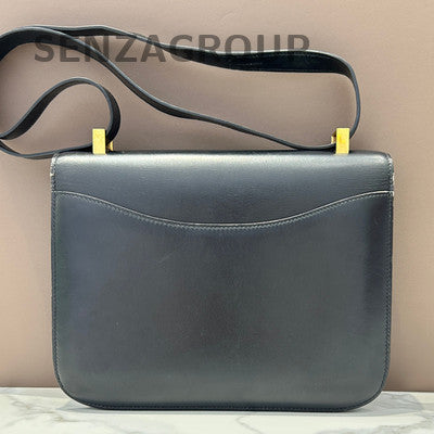 Vintage Hermes Box Leather Black Gold Shoulder Crossbody Bag Classic Women
