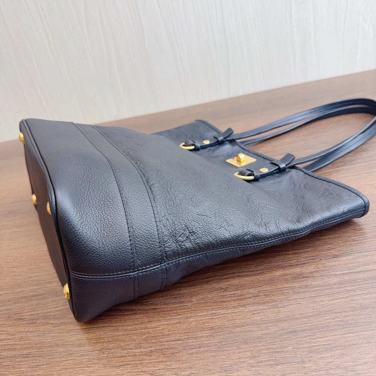 Louis Vuitton Calfskin Tote Shoulder Bag Black Gold Women Classic