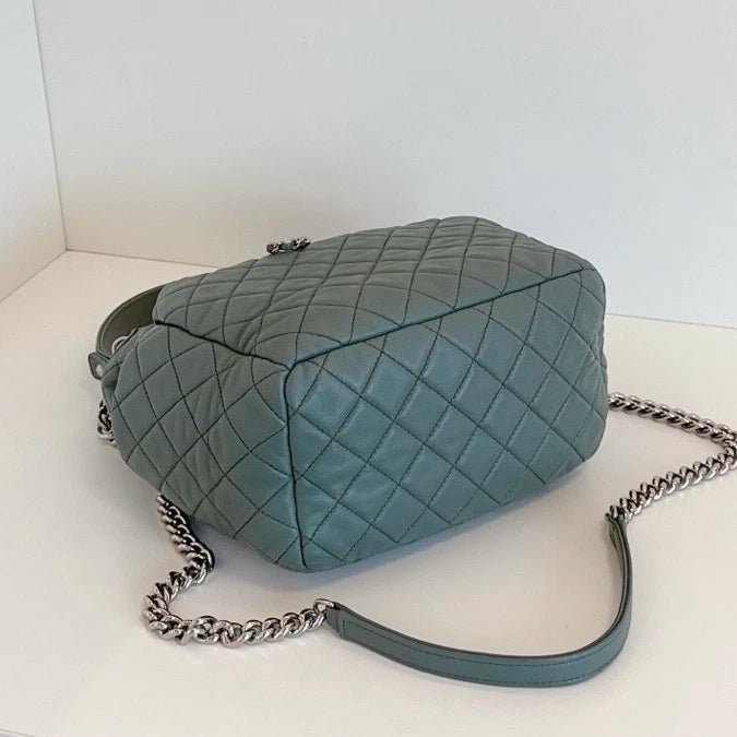Chanel Diamond Drawstring Bucket Top Handle Shoulder Bag Green Silver Women