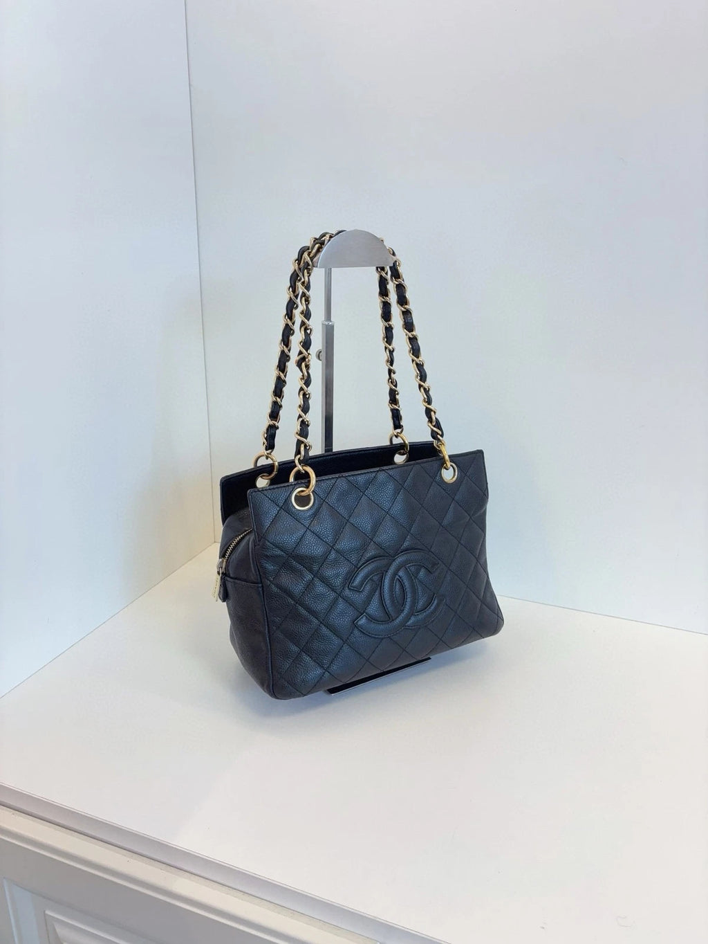 Chanel PTT Small Fatty Zip Tote Bag Black Caviar Leather Women Classic