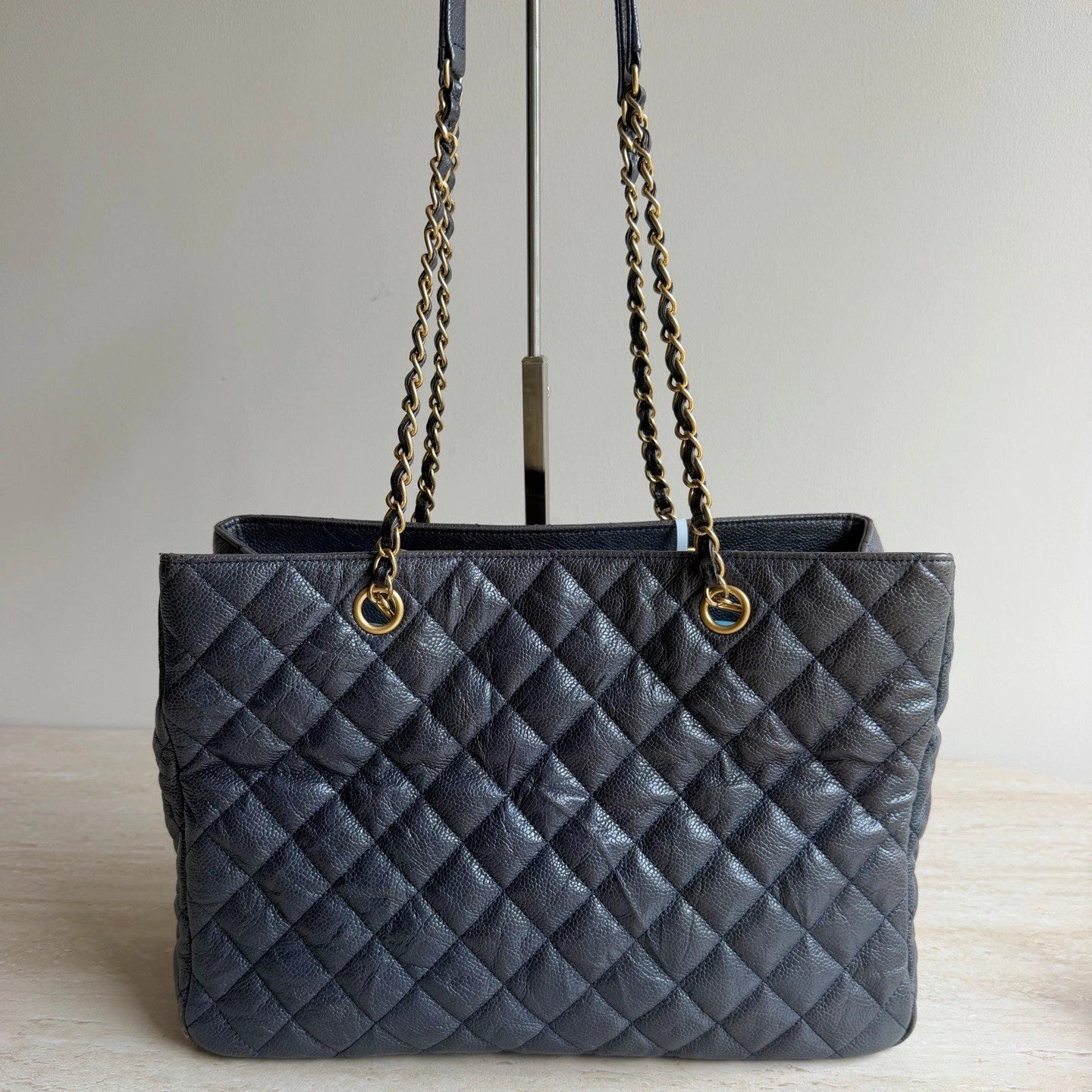 Chanel Calfskin Leather Diamond Navy Tote Gold Chain Shoulder Bag