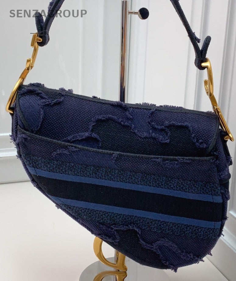 Christian Dior Embroidered Canvas Camouflage Saddle Shoulder Bag Blue Gold Women