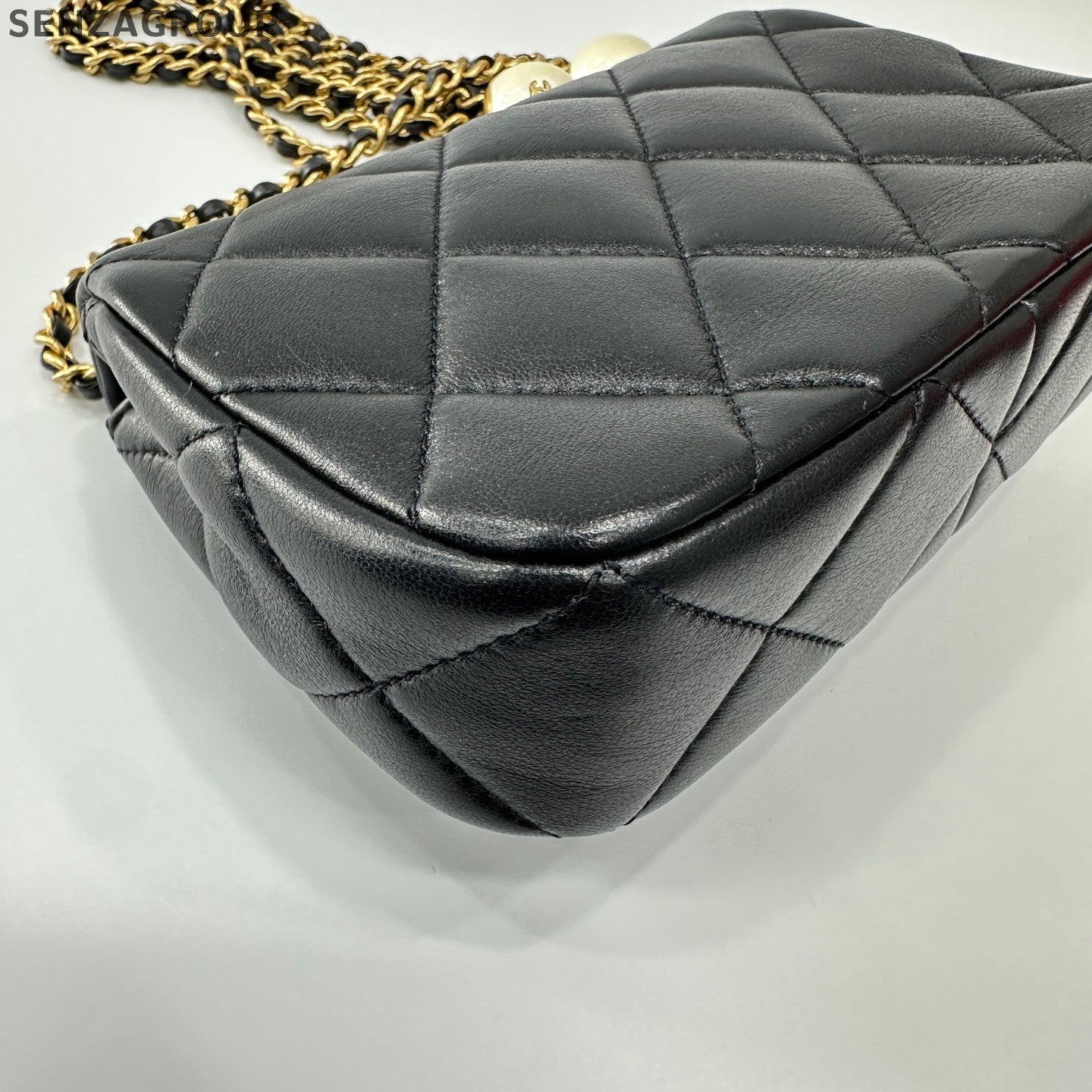 Chanel Classic Flap Double Pearl Chain Shoulder Crossbody Bag Black Gold