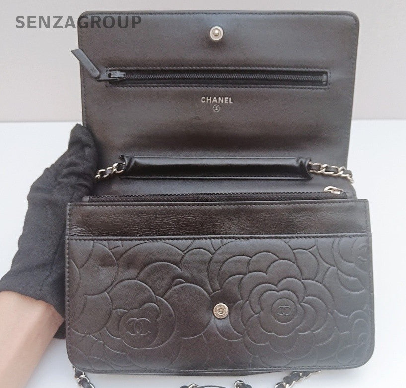 Chanel Camellia Series WOC Chain Shoulder Bag Crossbody Black Silver Women