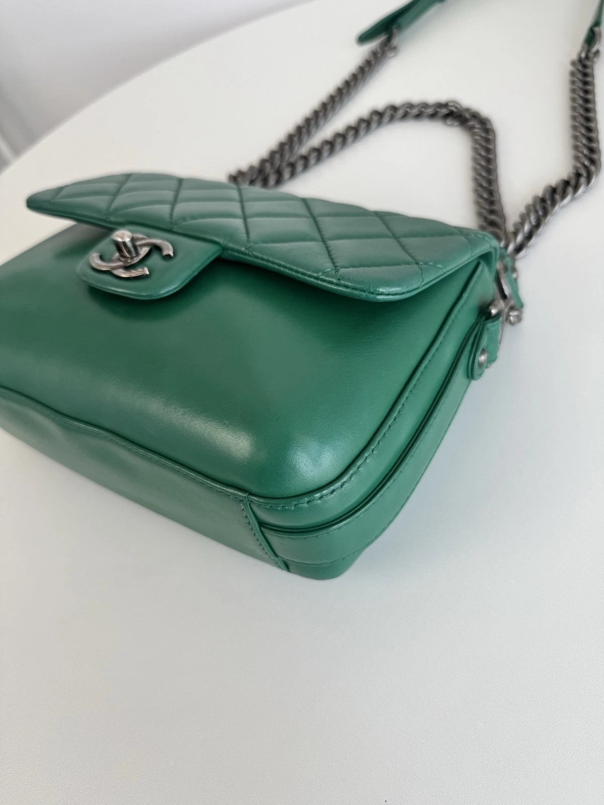 Chanel Classic Flap Calfskin Chain Shoulder Bag Crossbody Green Silver Women