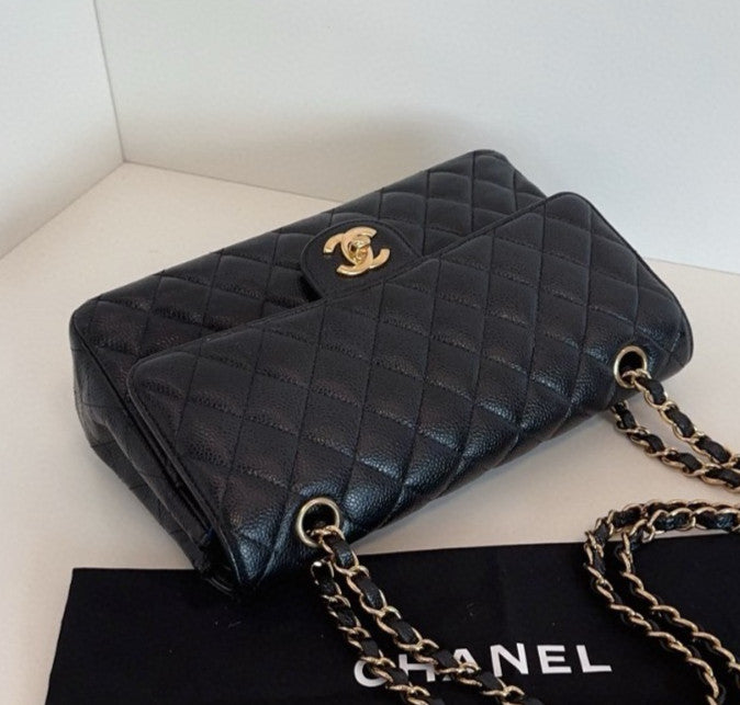 Chanel Classic Flap MM Calfskin Chain Shoulder Bag Crossbody Black Gold Women