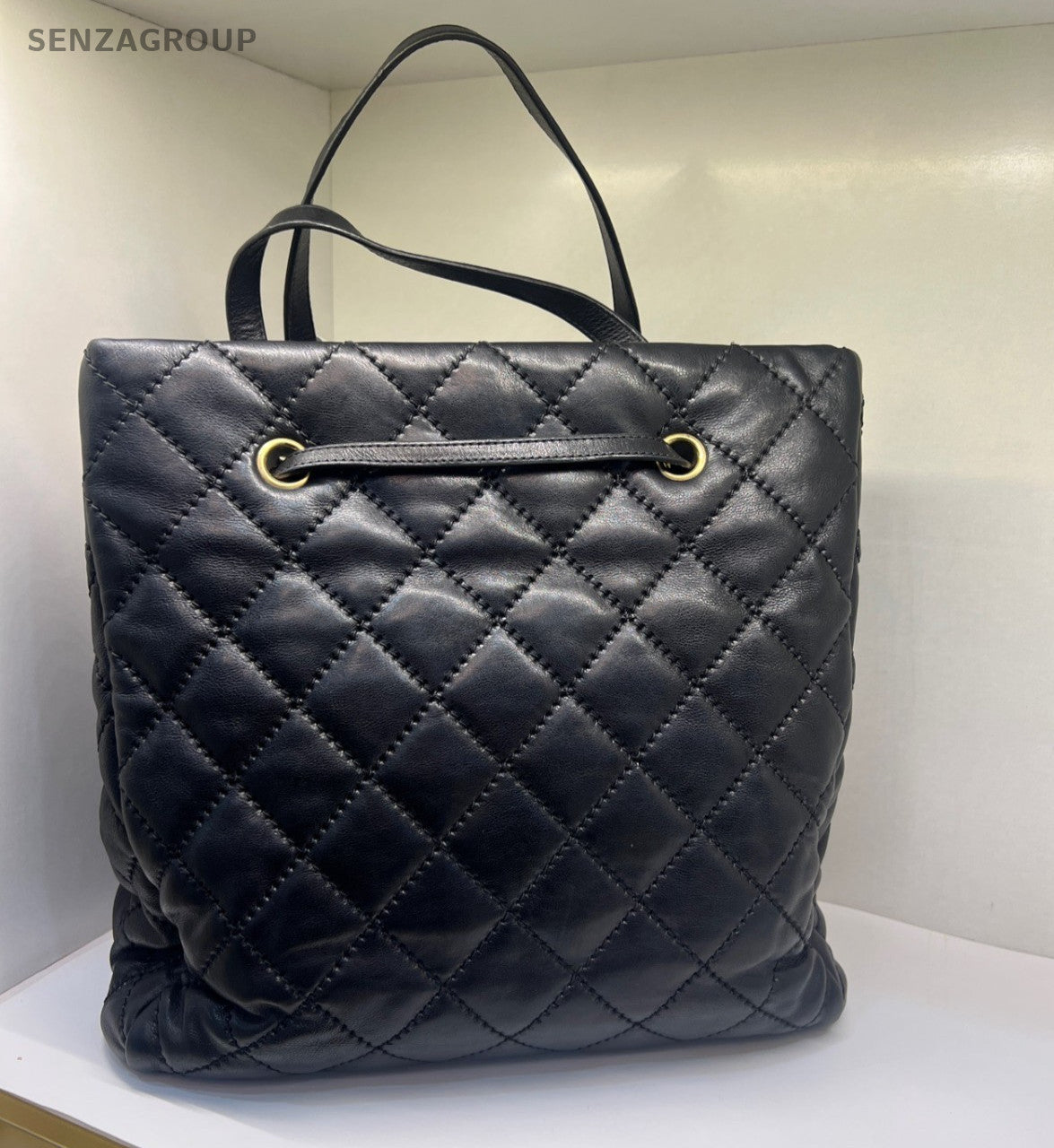 Chanel Tote Calfskin 2Way Top Handle Bag Chain Shoulder Bag Black Gold Women